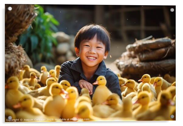 A happy boy on the farm collects the newly hatched chicks. Ai generated. Acrylic by Joaquin Corbalan