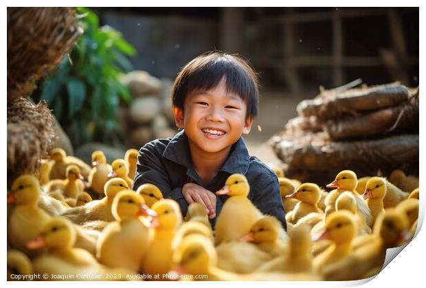A happy boy on the farm collects the newly hatched chicks. Ai generated. Print by Joaquin Corbalan