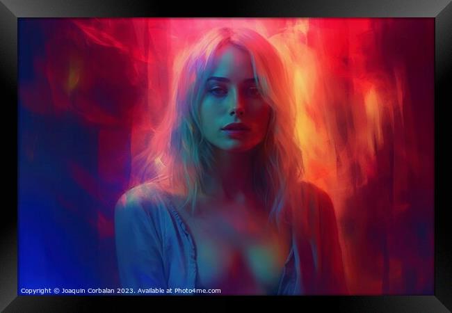 Amidst a symphony of neon lights and spilled paint, a seductive muse emerges in artistic allure..  Ai generated. Framed Print by Joaquin Corbalan