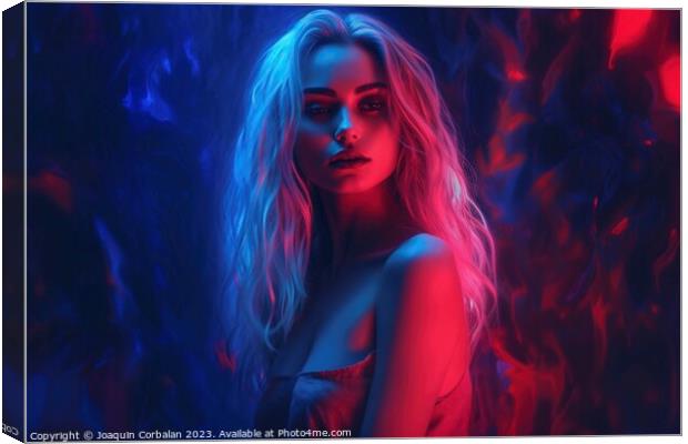 Illustration of a sexy woman wrapped in neon lights and spilled paint. Ai generated. Canvas Print by Joaquin Corbalan