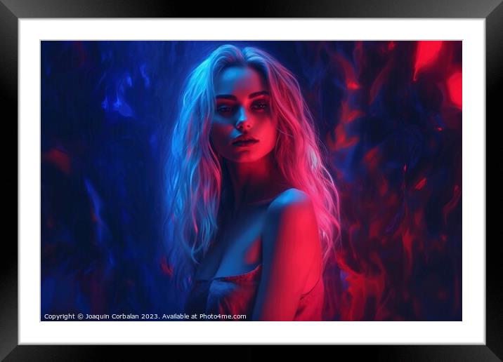 Illustration of a sexy woman wrapped in neon lights and spilled paint. Ai generated. Framed Mounted Print by Joaquin Corbalan