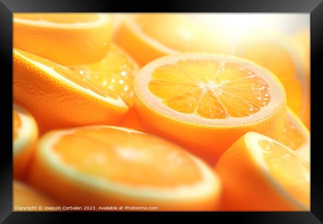 Vitamin C is found in citrus fruits, background of slices of oranges. Ai generated. Framed Print by Joaquin Corbalan