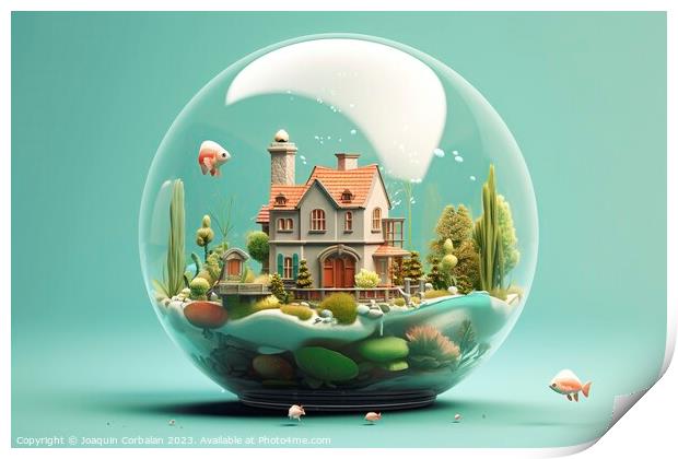 Within a fragile bubble, a timeless dream world unfolds, painting tales of enchantment. AI Generated. Print by Joaquin Corbalan