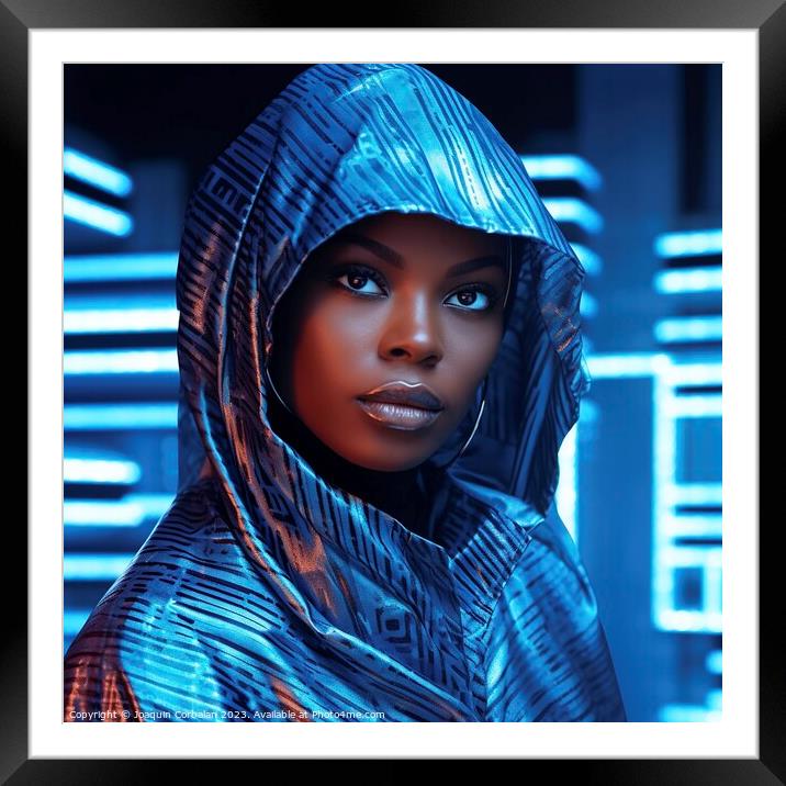 Portrait of a black woman wearing futuristic clothes and neon background. Ai generated. Framed Mounted Print by Joaquin Corbalan