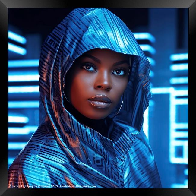 Portrait of a black woman wearing futuristic clothes and neon background. Ai generated. Framed Print by Joaquin Corbalan