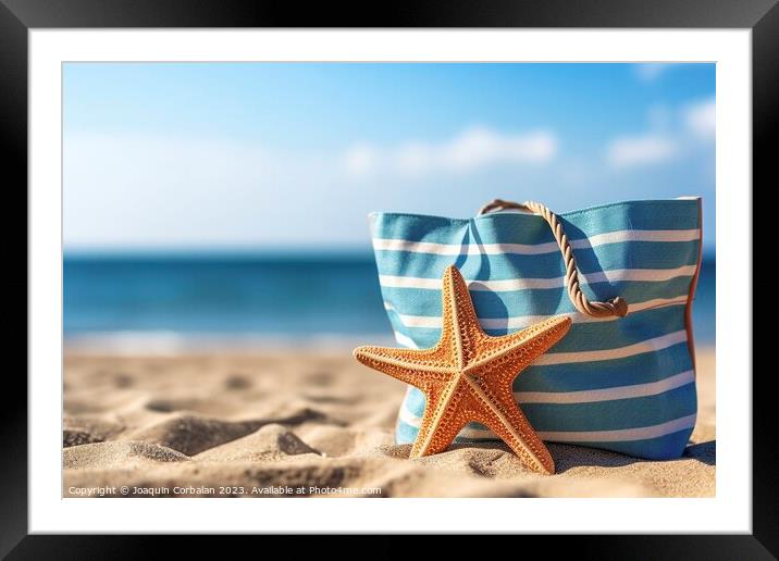 A beach bag with marine decoration, on the sand of a beach. Ai g Framed Mounted Print by Joaquin Corbalan