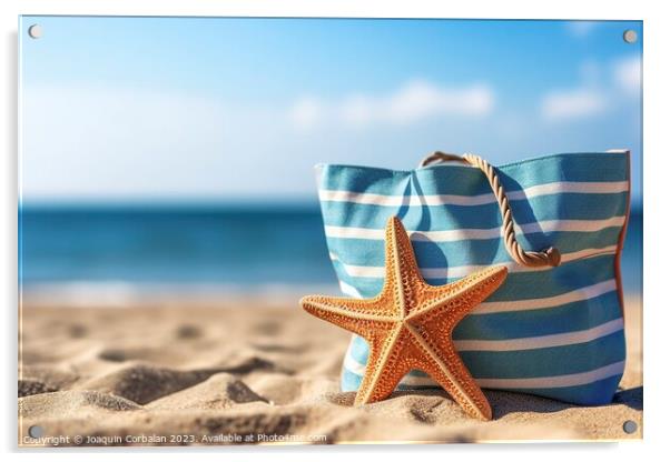 A beach bag with marine decoration, on the sand of a beach. Ai g Acrylic by Joaquin Corbalan