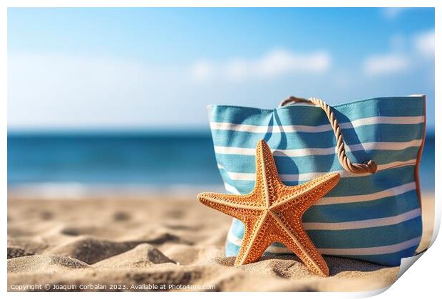 A beach bag with marine decoration, on the sand of a beach. Ai g Print by Joaquin Corbalan