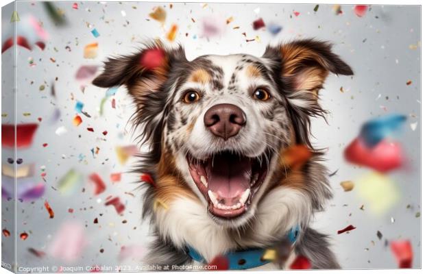 A dog full of joy surrounded by flying confetti. A Canvas Print by Joaquin Corbalan
