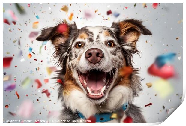 A dog full of joy surrounded by flying confetti. A Print by Joaquin Corbalan