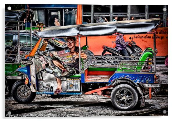 Tuk tuk driver reading the newspaper Acrylic by Kevin Hellon