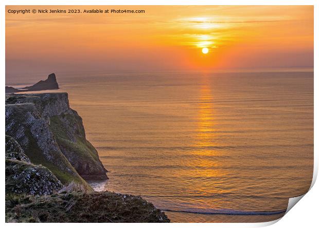Worms Head and Cliffs Gower Peninsula South Wales Print by Nick Jenkins