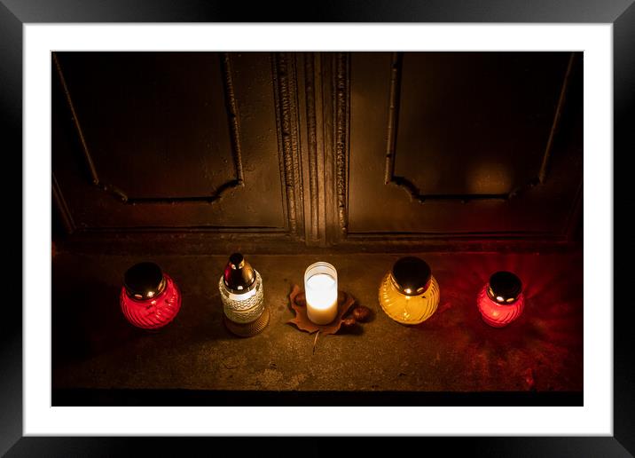 Cemetery Candle Lights At The Old Tomb Doors Framed Mounted Print by Artur Bogacki