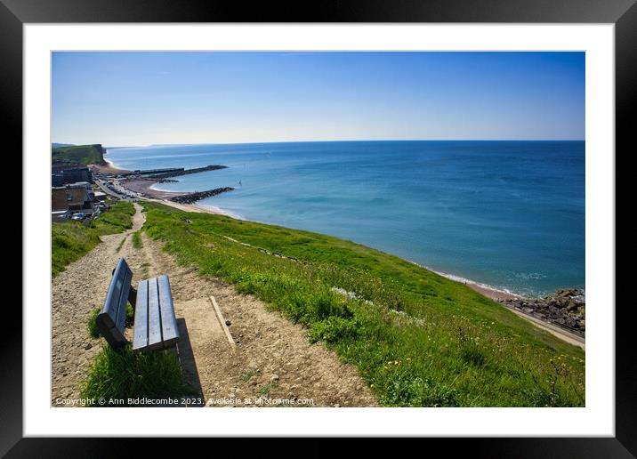 Bench with a view on the path to Westbay Framed Mounted Print by Ann Biddlecombe