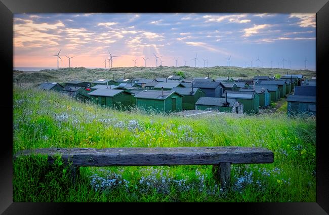 Wooden Bench: South Gare Fisherman's Huts Framed Print by Tim Hill