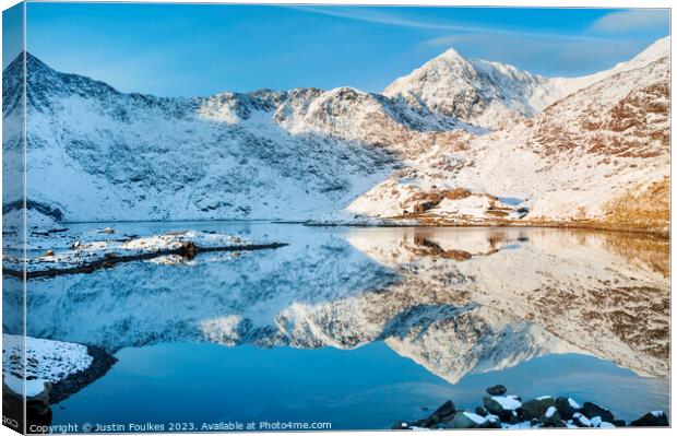 Snowdon winter reflections, North Wales Canvas Print by Justin Foulkes