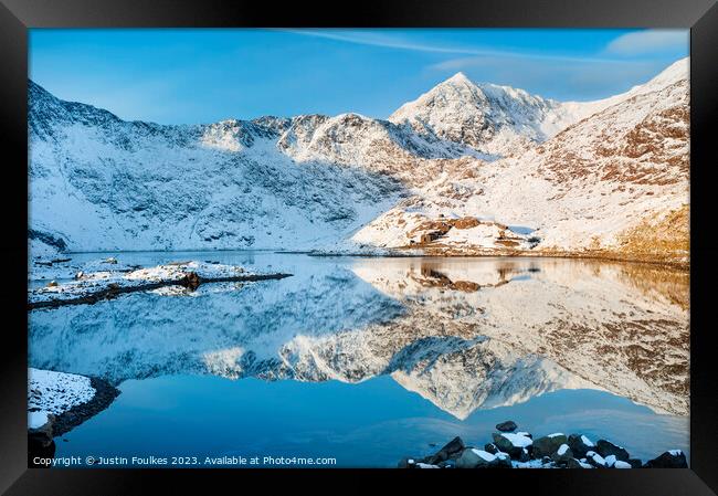 Snowdon winter reflections, North Wales Framed Print by Justin Foulkes
