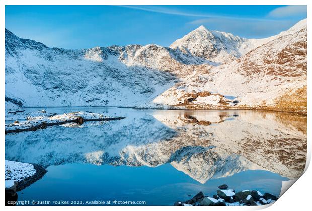 Snowdon winter reflections, North Wales Print by Justin Foulkes