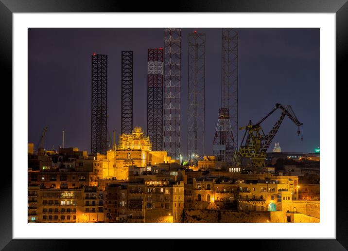 Senglea City Skyline At Night In Malta Framed Mounted Print by Artur Bogacki
