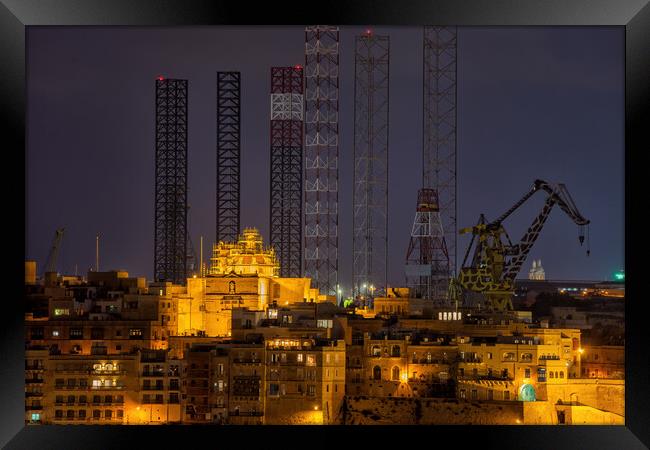 Senglea City Skyline At Night In Malta Framed Print by Artur Bogacki