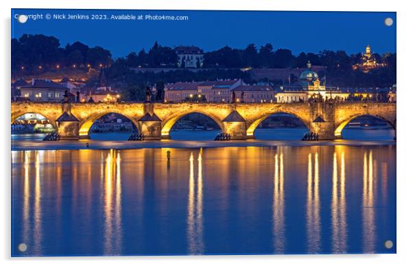 The Charles Bridge lit up over the Vltava River  Acrylic by Nick Jenkins