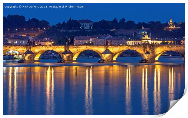 The Charles Bridge lit up over the Vltava River  Print by Nick Jenkins