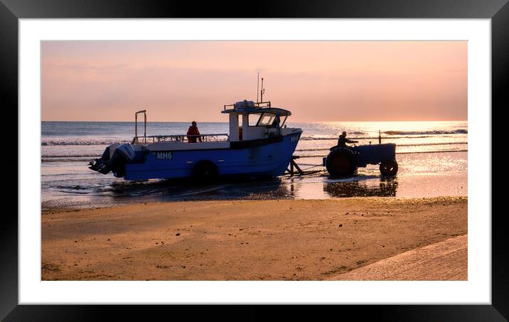 Redcar Fishing Boat and Tractor at Sunrise Framed Mounted Print by Tim Hill