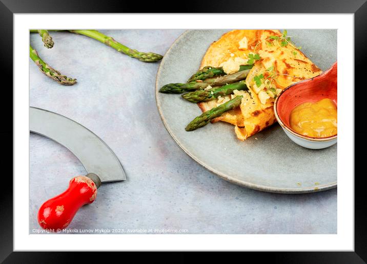 Omelet with fresh asparagus and sauce. Framed Mounted Print by Mykola Lunov Mykola