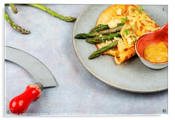 Omelet with fresh asparagus and sauce. Acrylic by Mykola Lunov Mykola
