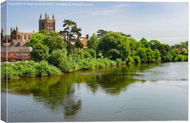 Hereford Cathedral Across River Wye Herefordshire Canvas Print by Pearl Bucknall
