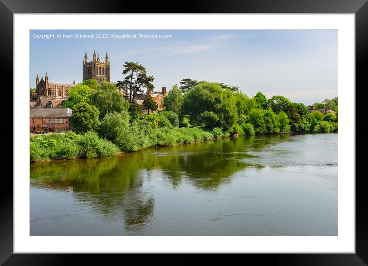 Hereford Cathedral Across River Wye Herefordshire Framed Mounted Print by Pearl Bucknall