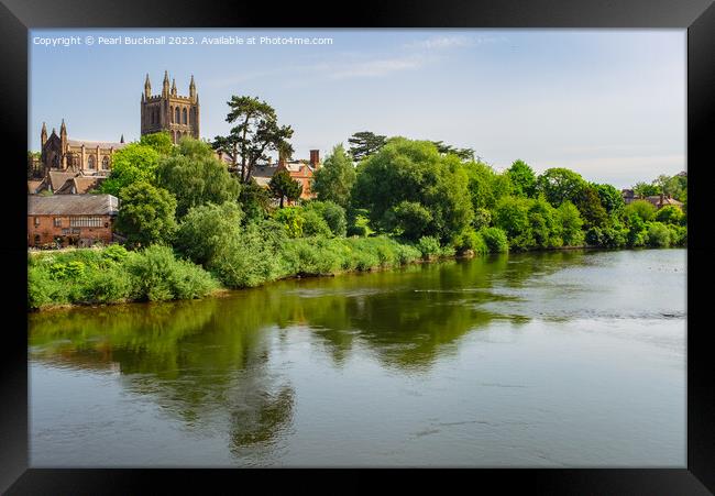 Hereford Cathedral Across River Wye Herefordshire Framed Print by Pearl Bucknall