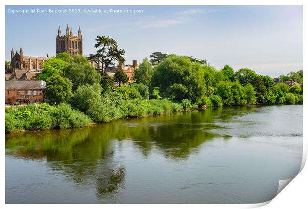 Hereford Cathedral Across River Wye Herefordshire Print by Pearl Bucknall
