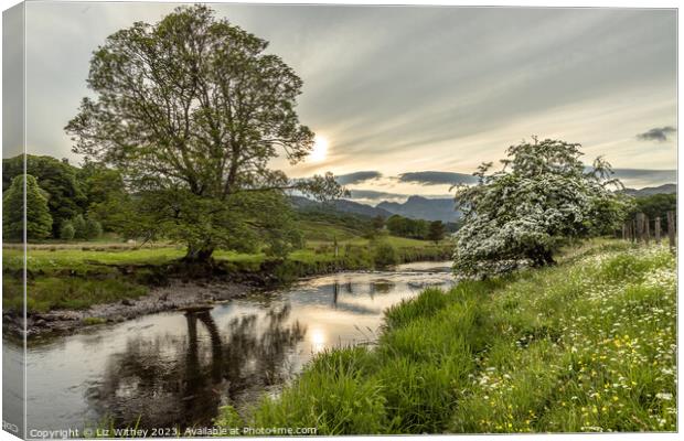 River Brathay and Langdale Pikes Canvas Print by Liz Withey
