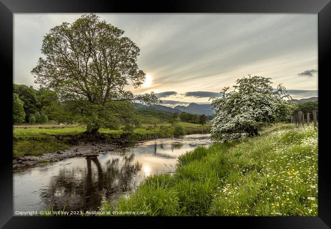River Brathay and Langdale Pikes Framed Print by Liz Withey