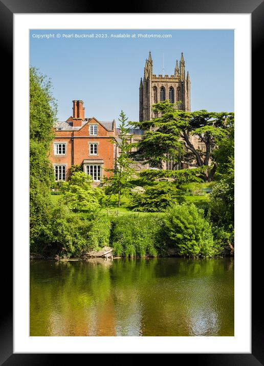 Hereford Cathedral across River Wye Herefordshire Framed Mounted Print by Pearl Bucknall
