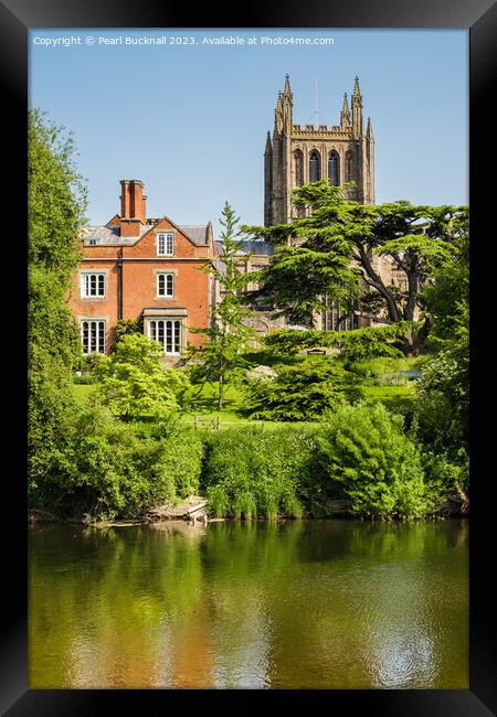 Hereford Cathedral across River Wye Herefordshire Framed Print by Pearl Bucknall