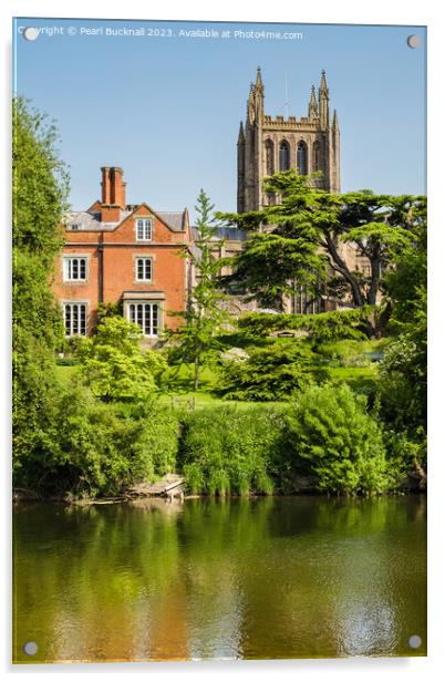 Hereford Cathedral across River Wye Herefordshire Acrylic by Pearl Bucknall