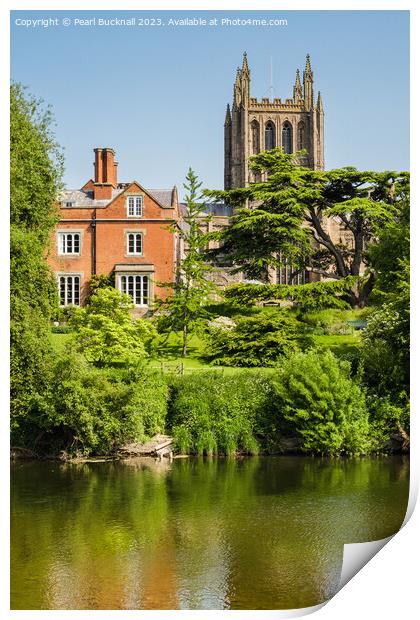 Hereford Cathedral across River Wye Herefordshire Print by Pearl Bucknall