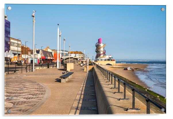 Redcar Seafront leading to Redcar Beacon Acrylic by Tim Hill