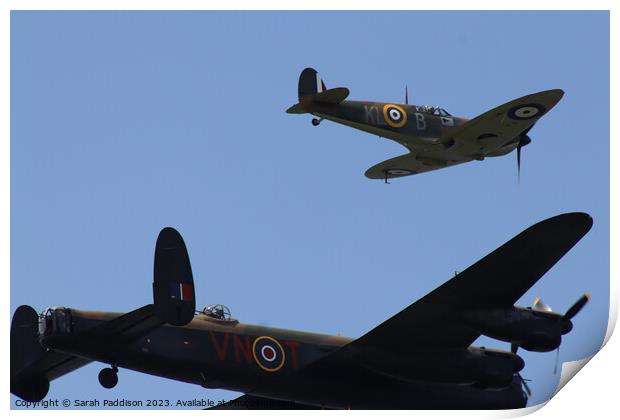 Lancaster Bomber and Spitfire Flyby Print by Sarah Paddison