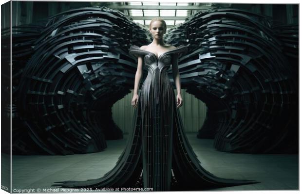 A woman wearing an elegant dress made of steel created with gene Canvas Print by Michael Piepgras