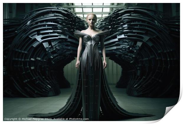 A woman wearing an elegant dress made of steel created with gene Print by Michael Piepgras