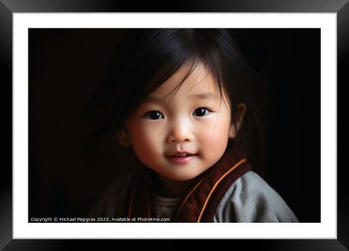 A chinese child portrait created with generative AI technology. Framed Mounted Print by Michael Piepgras