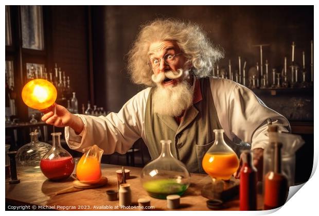 A crazy physicist at work in his laboratory created with generat Print by Michael Piepgras