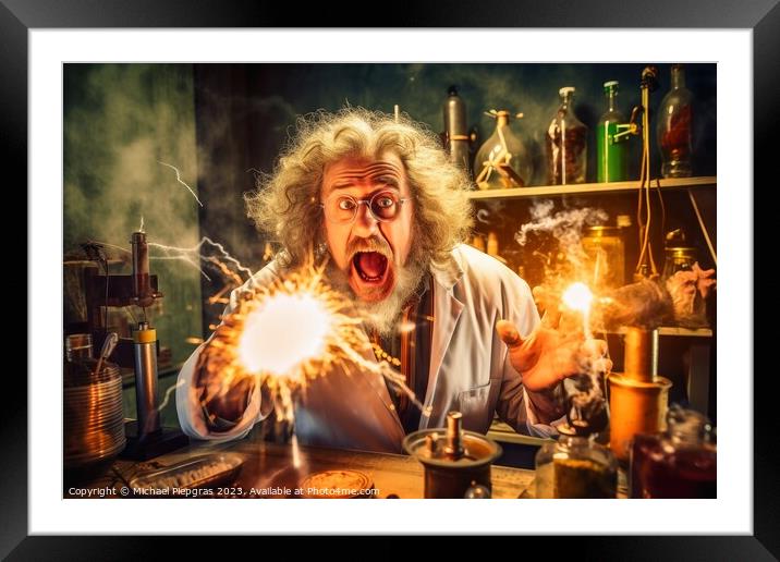 A crazy physicist at work in his laboratory created with generat Framed Mounted Print by Michael Piepgras