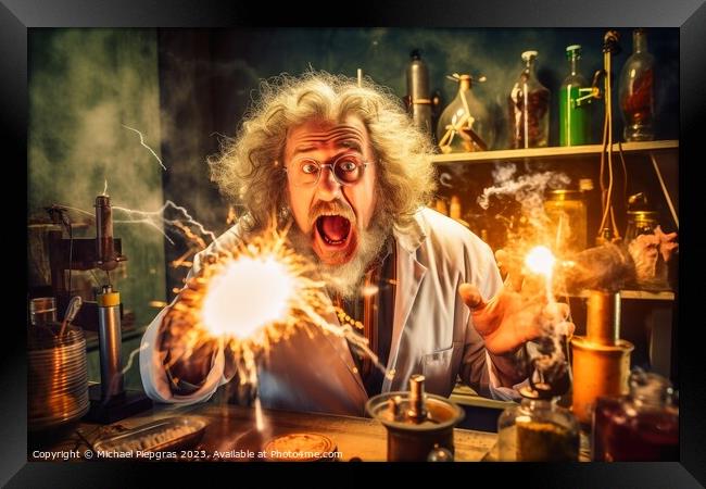 A crazy physicist at work in his laboratory created with generat Framed Print by Michael Piepgras