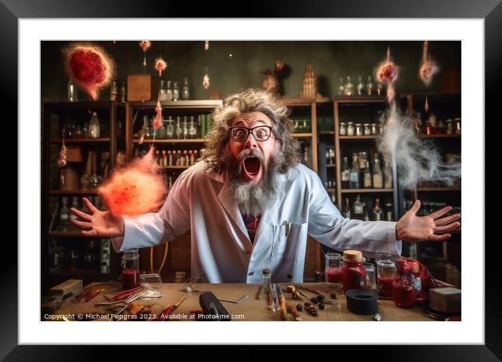 A crazy physicist at work in his laboratory created with generat Framed Mounted Print by Michael Piepgras