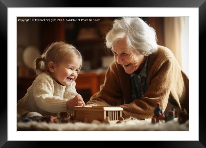 A grandma playing with her grandchild created with generative AI Framed Mounted Print by Michael Piepgras