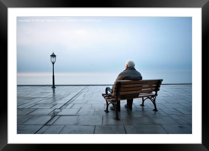 A lonely retired man on a bench created with generative AI techn Framed Mounted Print by Michael Piepgras